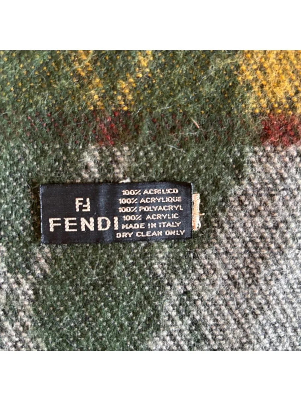 Vintage Scarf Fendi Italy Wool Green Yellow Argyle Plaid Designer Fringe Warm